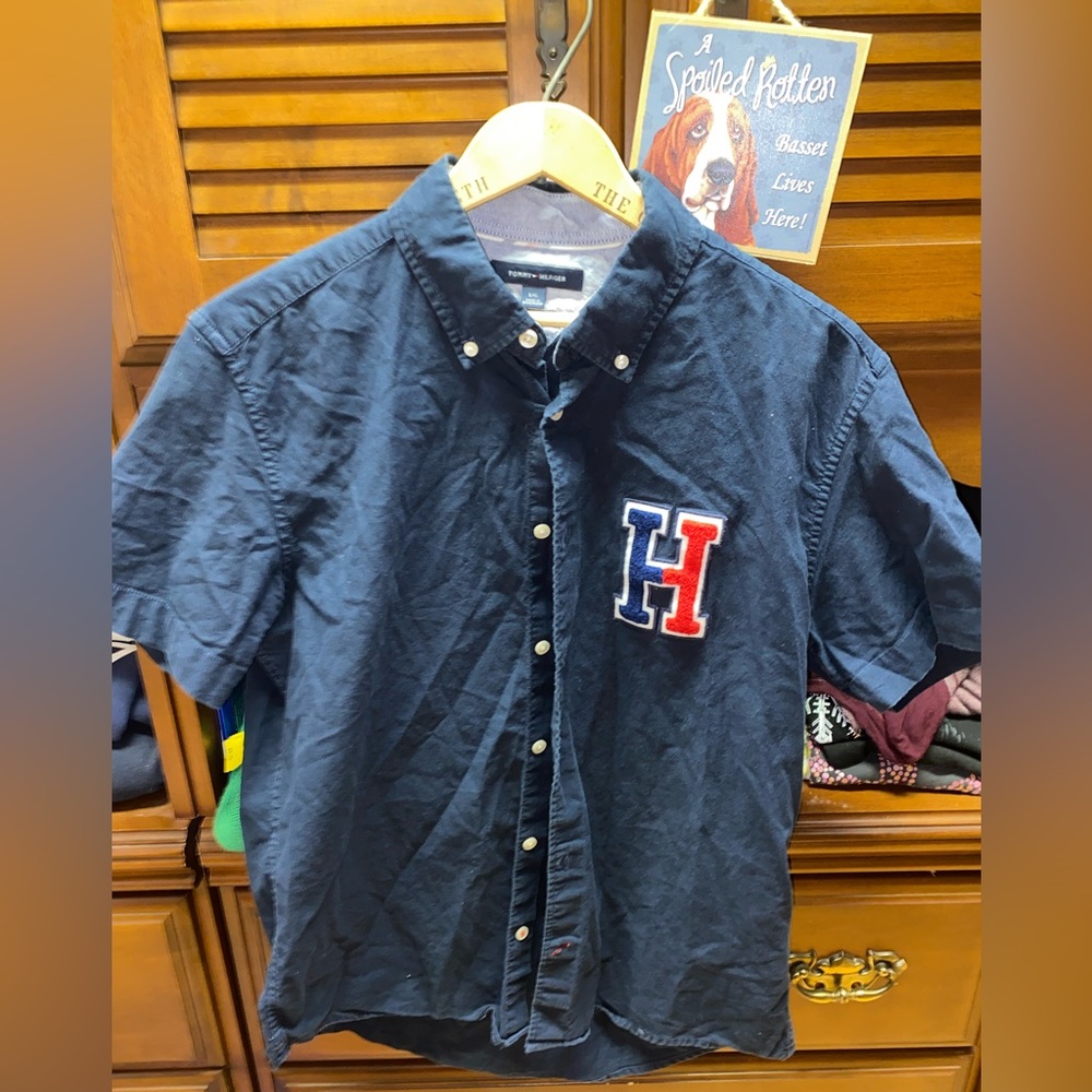 Navy Blue Tommy Hilfiger fluffy logo Button up shirt